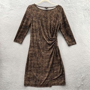 Talbots Women M 3/4 Sleeve Ruched Draped Brown Jersey Tweed Faux Wrap Midi Dress